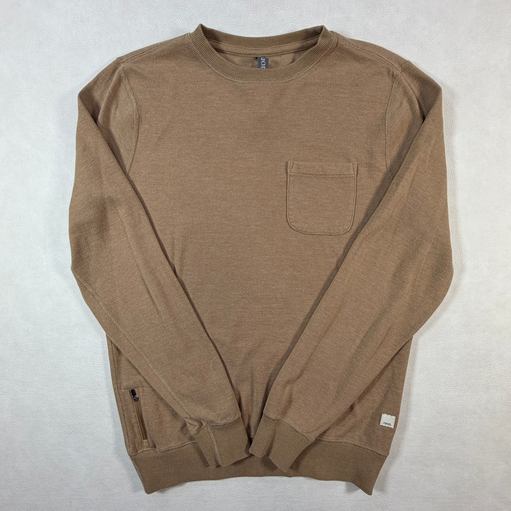 Vuori Mens Small Brown Cotton Blend Crewneck Sweater Chest Pocket Side Zip